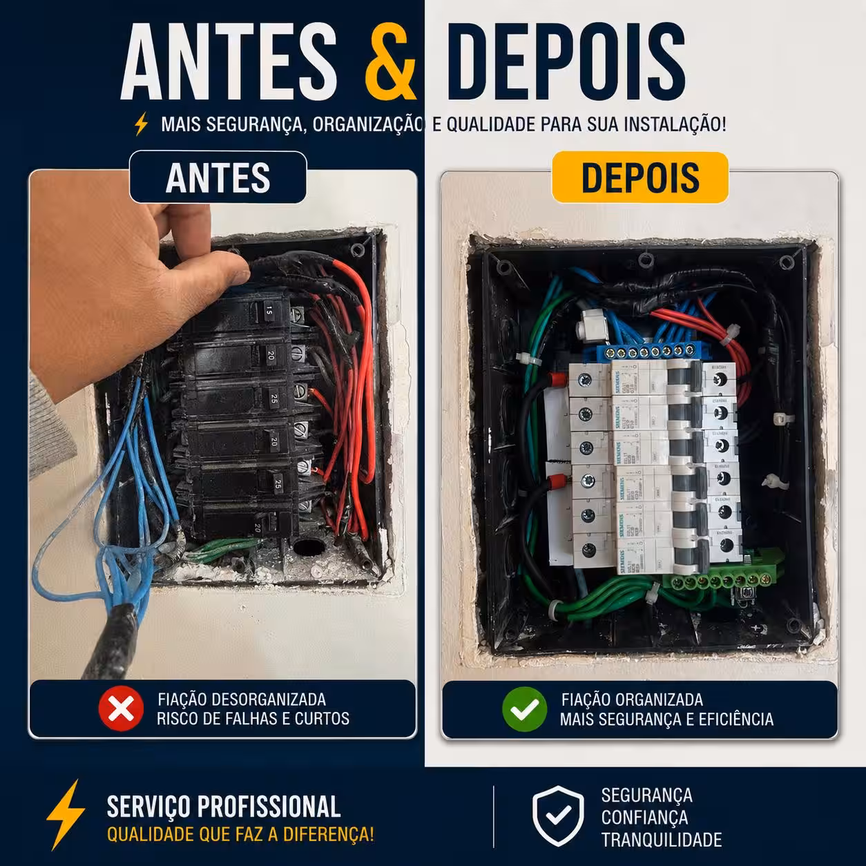 Antes e depois de quadro elétrico organizado pela RS Eletricista em Caldas Novas